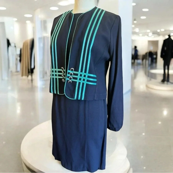 Vintage 80s 90s 2 Piece Dress Suit Set Office Blazer Jacket Dress Set - Picture 7 of 16